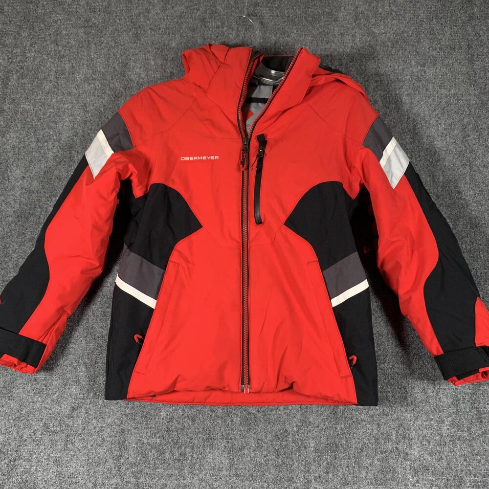 Obermeyer Ski Jacket Youth 8 Red Black Colorblock Hooded Insulated Ski Winter